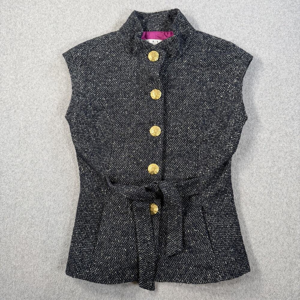 Cabi Women's Small Black Tweed Sleeveless Vest Jacket Belted Gold Buttons #116